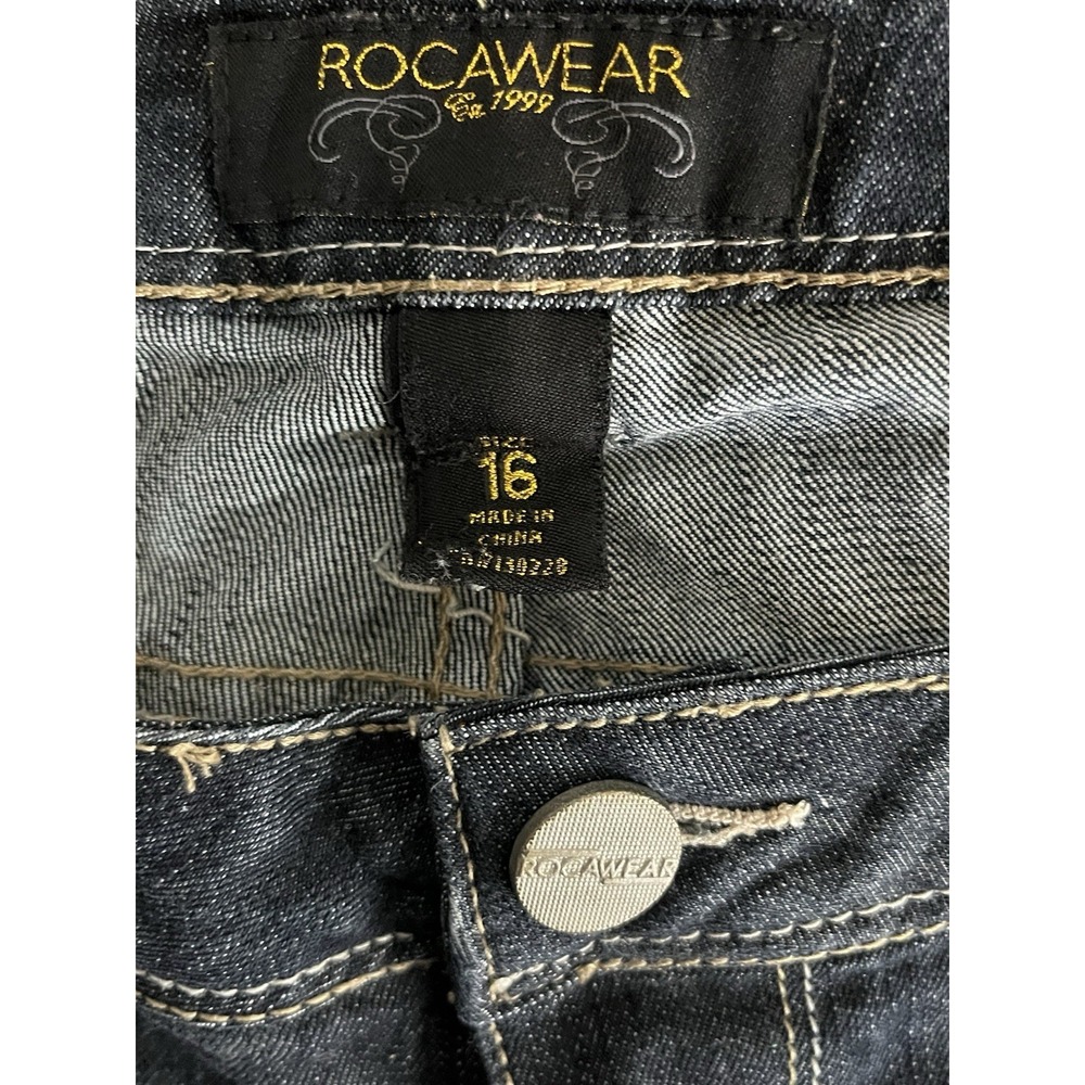 Vintage Rocawear Women's Jean Dark Wash Embellished Zipper Back Legs Capri Sz 16 - Picture 12 of 16